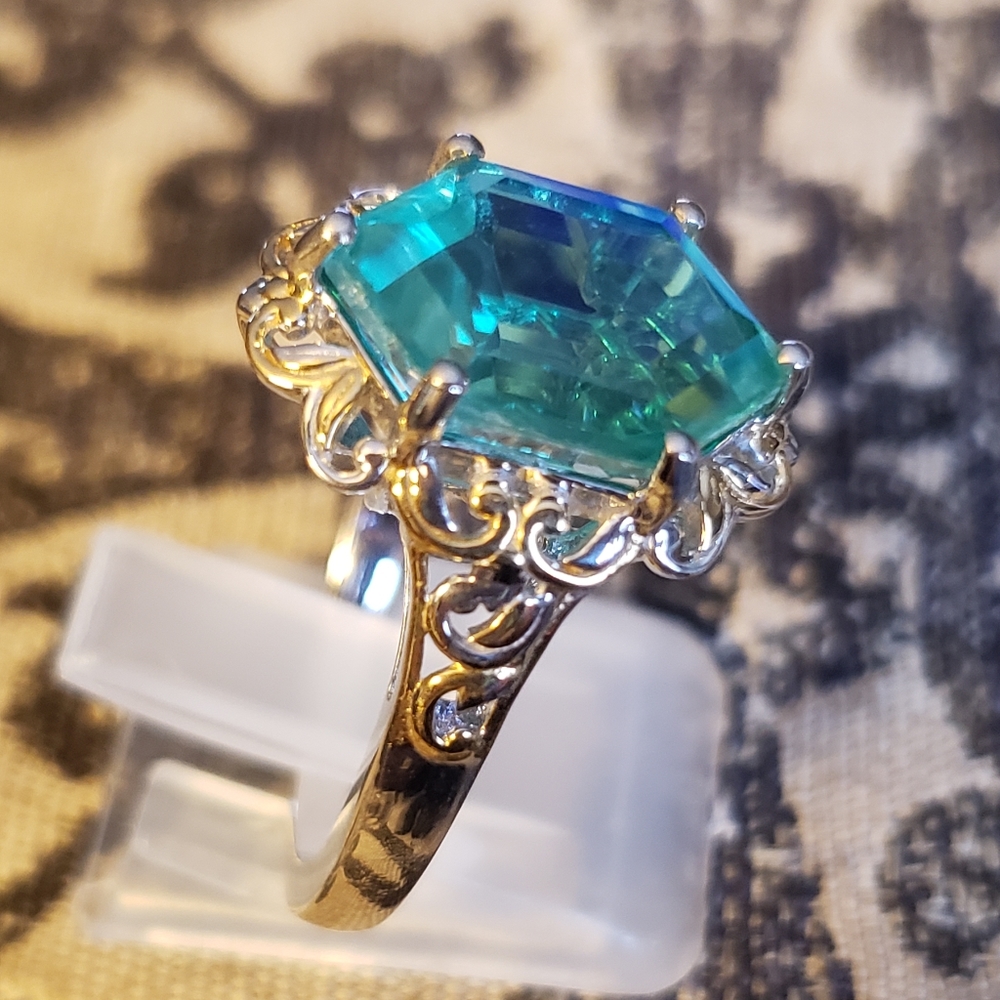 Peacock Quartz Hexagon Ring in Vermeil YG and Platinum Over Sterling Silver - Picture 5 of 11